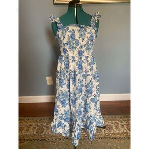 Haute Hippie Ruffle Floral Blue Midi Tiered Midi Dress, size 6